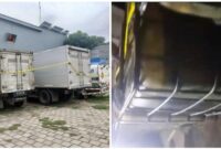 Foto kiri: Truk Box yang diduga dibuat mengambil BBM Solar Subsidi yang diamankan Satreskrim Polres Jombang. 
Foto kanan : ditemukan tiga kempu yang dibuat menyimpan BBM Solar didalam gudang yang telah di police line oleh Satreskrim Polres Jombang.