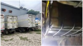 Foto kiri: Truk Box yang diduga dibuat mengambil BBM Solar Subsidi yang diamankan Satreskrim Polres Jombang. 
Foto kanan : ditemukan tiga kempu yang dibuat menyimpan BBM Solar didalam gudang yang telah di police line oleh Satreskrim Polres Jombang.