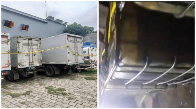 Foto kiri: Truk Box yang diduga dibuat mengambil BBM Solar Subsidi yang diamankan Satreskrim Polres Jombang. 
Foto kanan : ditemukan tiga kempu yang dibuat menyimpan BBM Solar didalam gudang yang telah di police line oleh Satreskrim Polres Jombang.