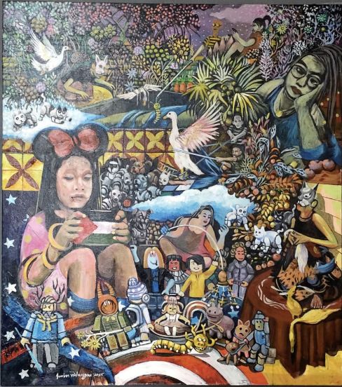 Diasuh oleh Roblox, Ukuran karya 80x90cm Karya Surin Welangon 2025. foto/ist